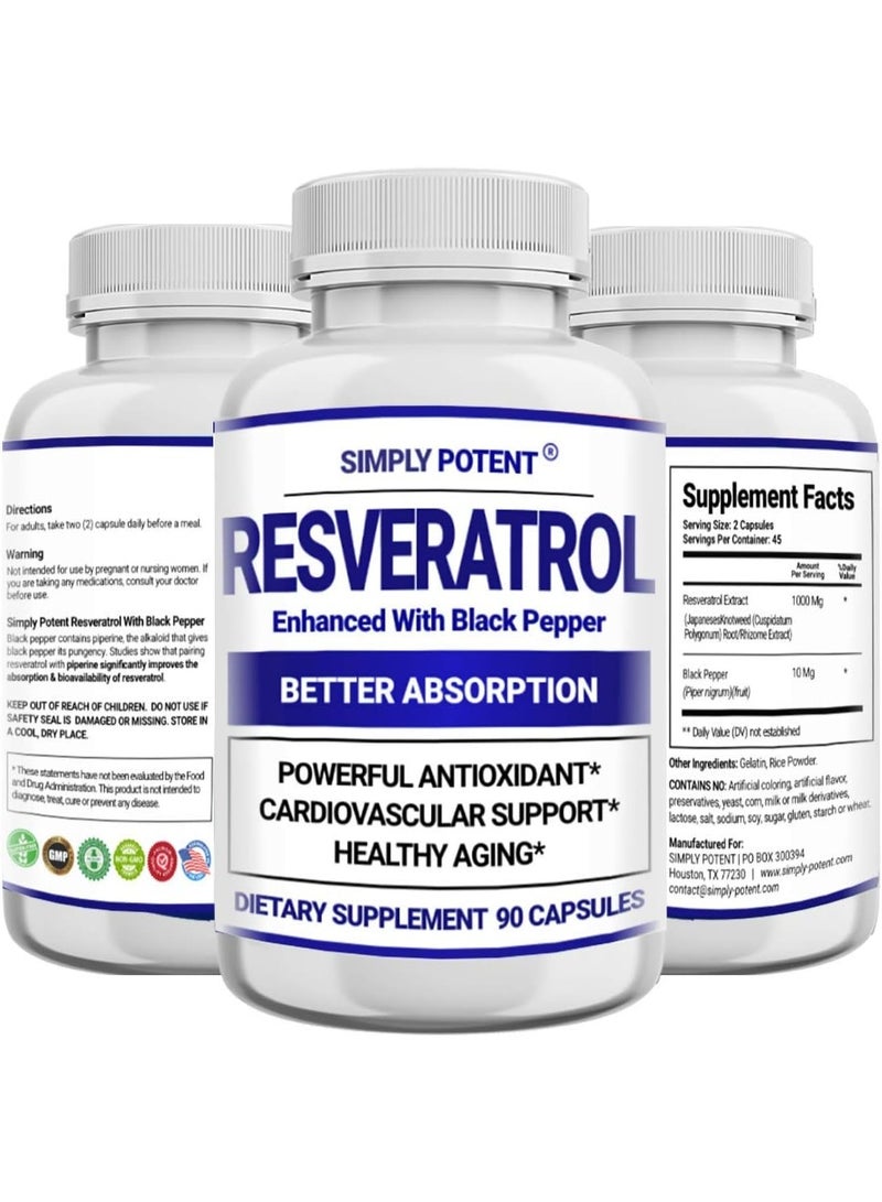 Resveratrol 1000mg Supplement with Black Pepper for Max Absorption, Antioxidant & Anti-Aging Pills for Heart, Immune & Skin Health, 90 Capsules