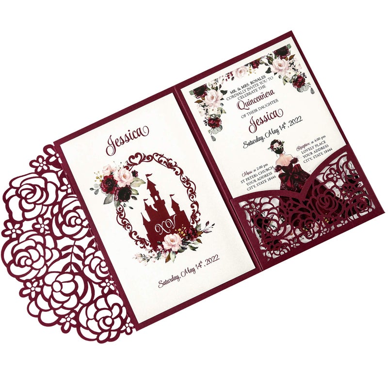 DreamBuilt 47 x7 inch 50PCS Blank Burgundy Quinceanera Invitations Kit Laser Cut Hollow Rose Pocket Quinceanera Invitation Cards with Envelopes for Bridal Shower Quincenera Birthday Invite