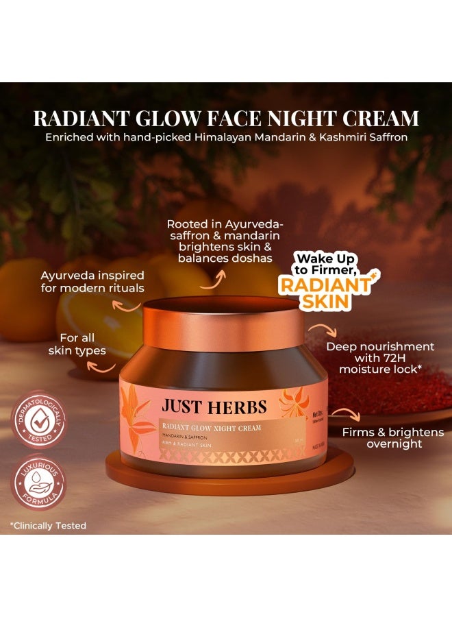 Just Herbs Radiant Glow Overnight Night Cream | 72H Moisture Lock | Firming & Brightening with Saffron, Vitamin C, Niacinamide | Non-Sticky | For All Skin Types | 50g - Image 2