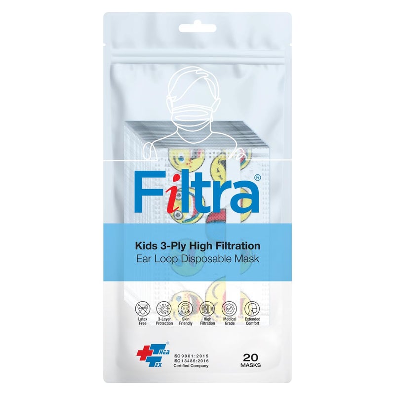 Filtra ® 3-Ply Ear Loop Kids Mask | Ages 3-18 | Kids Mask | Children's Mask | Ladies Mask | High Filtration | New extra tough courier packing | Travel Zip Lock Pouch of 20 Masks - Image 1