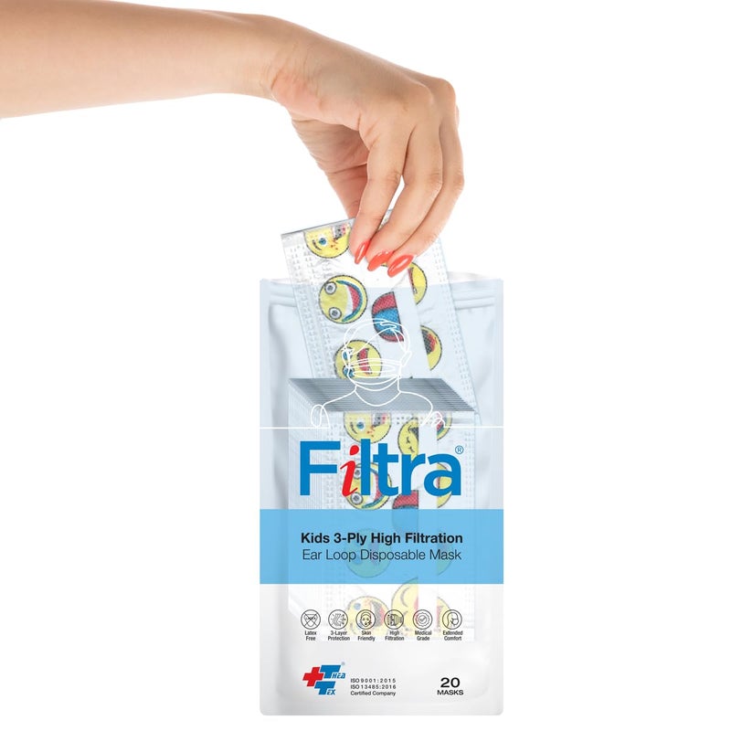Filtra ® 3-Ply Ear Loop Kids Mask | Ages 3-18 | Kids Mask | Children's Mask | Ladies Mask | High Filtration | New extra tough courier packing | Travel Zip Lock Pouch of 20 Masks - Image 2