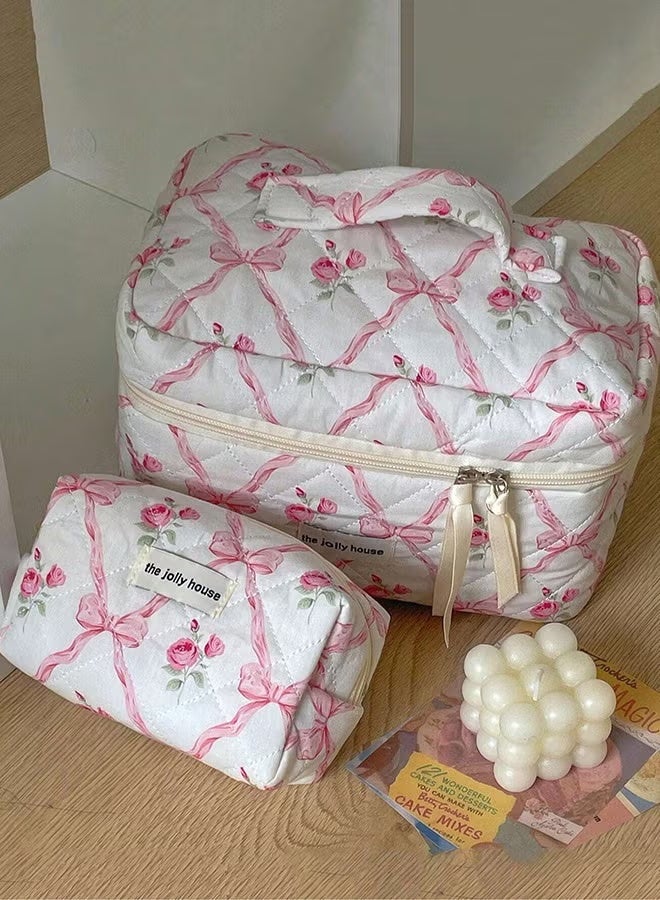 Large-capacity toiletry bag with bowknot flower design, court-style quilted storage bag, portable and soft handbag. - Image 5