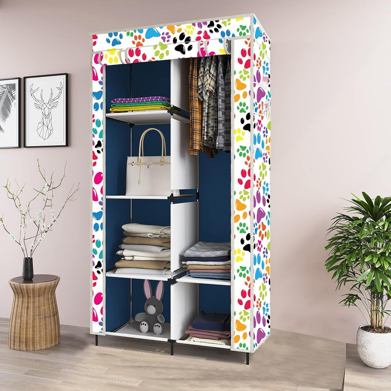 Whitecloud TRANSFORMING HOMES Whitecloud TRANSFORMING HOMES Printed Collapsible Wardrobe Almira for Clothes 1 Hanging Space 6 Shelves 1 Side Pocket NonWoven Fabric 100 GSM P 20011 Dog Blue  - Image 1