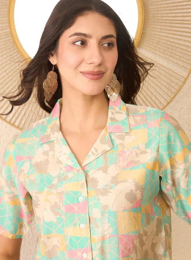 Multi Abstract Print Shirt Collar Top By  AHIKA