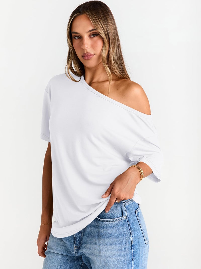 Trendy Queen Womens Off The Shoulder Tops Oversized T-Shirts Short Sleeve Tees Summer 2025 Casual Spring Fashion Clothes Workout Gym Y2k Cute Going Out Clothing White L - Image 4