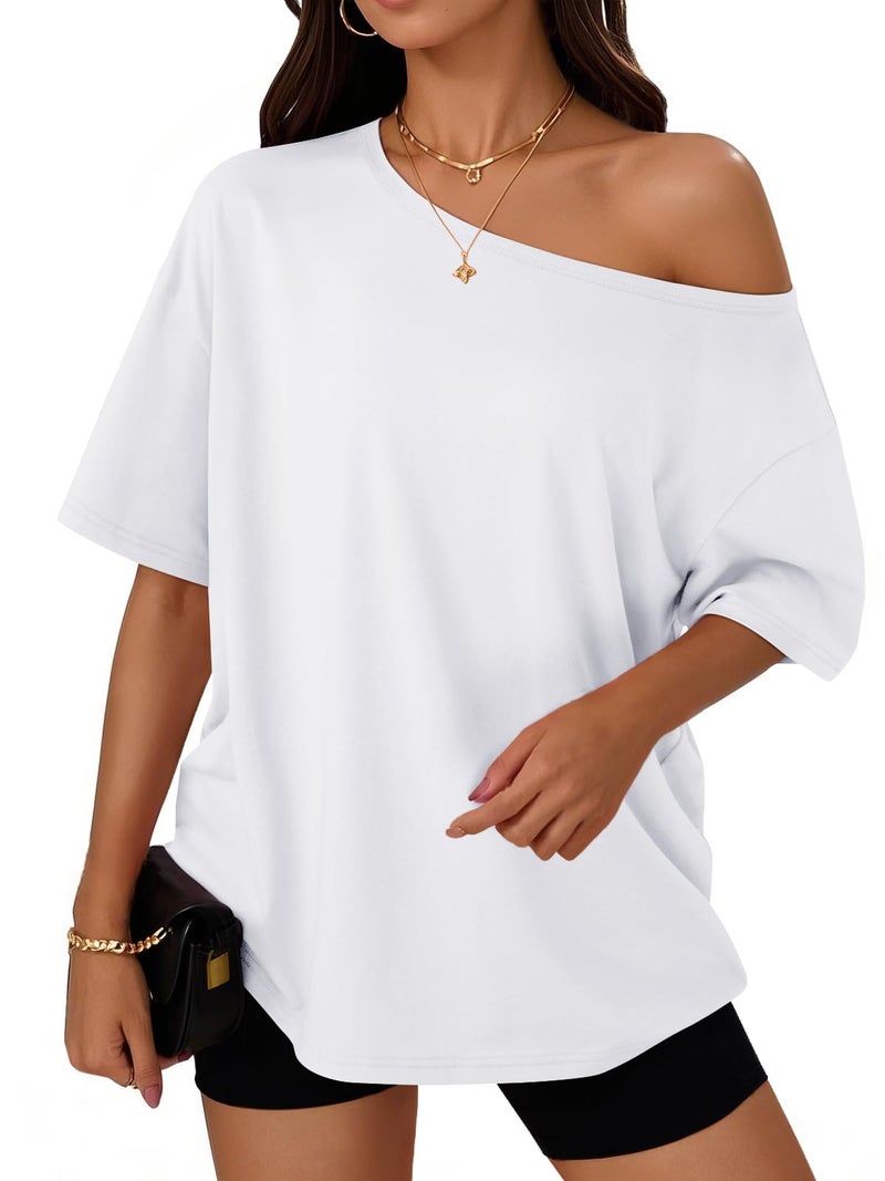 Trendy Queen Womens Off The Shoulder Tops Oversized T-Shirts Short Sleeve Tees Summer 2025 Casual Spring Fashion Clothes Workout Gym Y2k Cute Going Out Clothing White L - Image 2