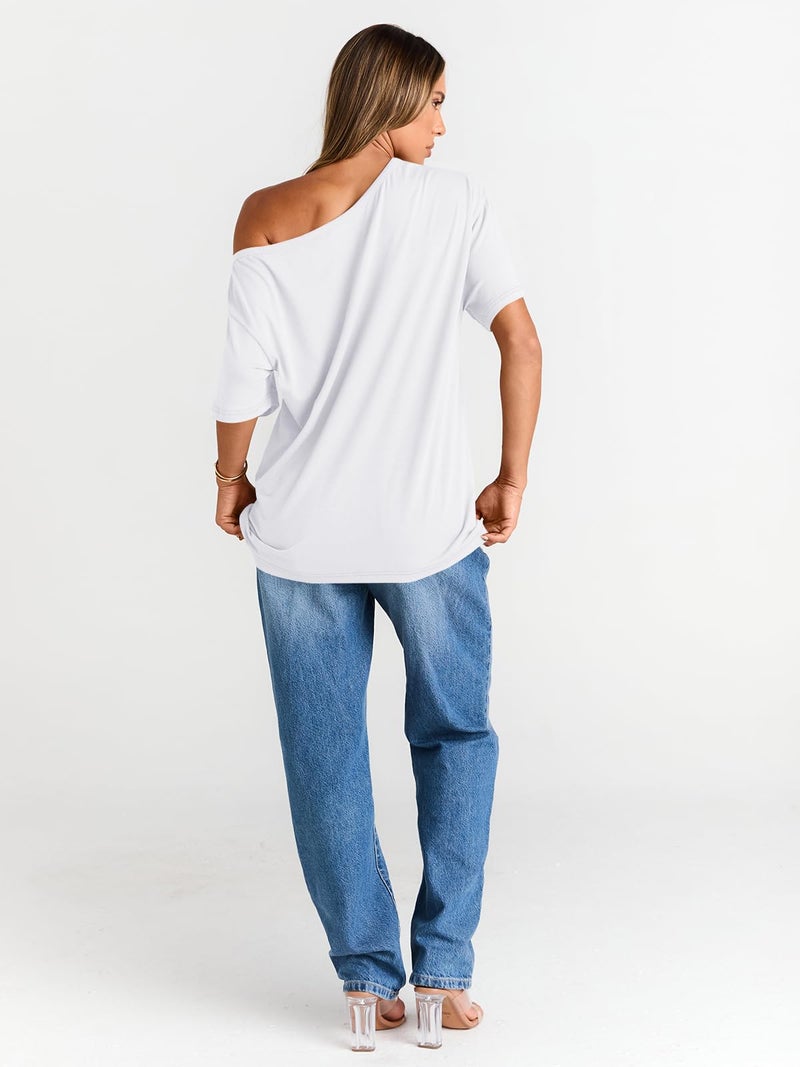 Trendy Queen Womens Off The Shoulder Tops Oversized T-Shirts Short Sleeve Tees Summer 2025 Casual Spring Fashion Clothes Workout Gym Y2k Cute Going Out Clothing White L - Image 5