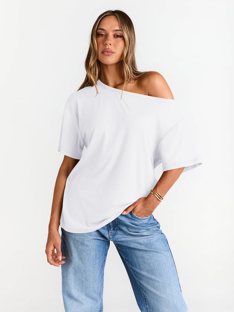Trendy Queen Womens Off The Shoulder Tops Oversized T-Shirts Short Sleeve Tees Summer 2025 Casual Spring Fashion Clothes Workout Gym Y2k Cute Going Out Clothing White L - Image 3