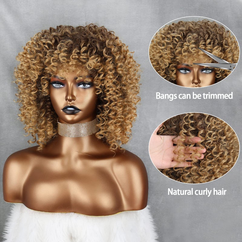 Xinran 14 inch Blonde Curly Wigs 70s, Kinky Brown Mixd Blonde Afro Wigs for Black Women, Synthetic Afro Curly Blonde Wigs for Women (Brown to Blonde) - Image 3