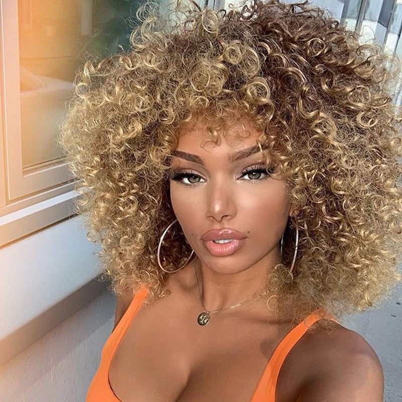 Xinran 14 inch Blonde Curly Wigs 70s, Kinky Brown Mixd Blonde Afro Wigs for Black Women, Synthetic Afro Curly Blonde Wigs for Women (Brown to Blonde) - Image 1