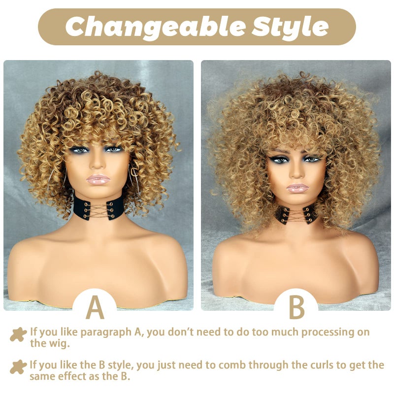 Xinran 14 inch Blonde Curly Wigs 70s, Kinky Brown Mixd Blonde Afro Wigs for Black Women, Synthetic Afro Curly Blonde Wigs for Women (Brown to Blonde) - Image 5
