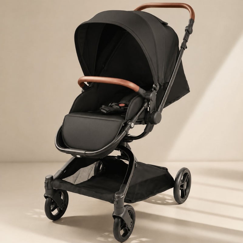 Baby stroller for daily urban use, aluminium frame, black, lightweight with one-hand fold and 360 rotating handle - Image 1