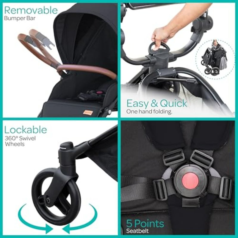 Baby stroller for daily urban use, aluminium frame, black, lightweight with one-hand fold and 360 rotating handle - Image 4