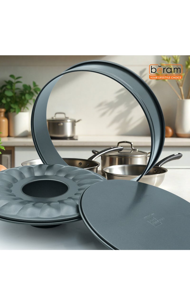 Beram 26cm Round Springform Cake Tin, 2 Base Set with Flat and Tube Base, premium Non-Stick Coating, Leak-Proof, Easy-Release Lock, Steel Baking Pan for Cheesecake, Bundt & Sponge Cakes - Image 2