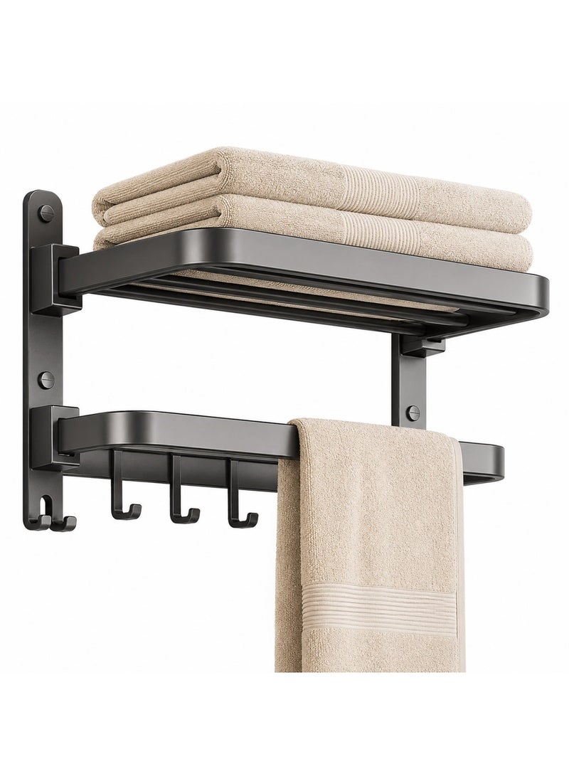 Bathroom Towel Rack with Shelf and Hooks, Wall Mounted Towel Rack, Stainless Steel Towel Holder, Rust Resistant Space Saving Organizer for Towels, Robes and Accessories, Hotel Style Design - Image 2