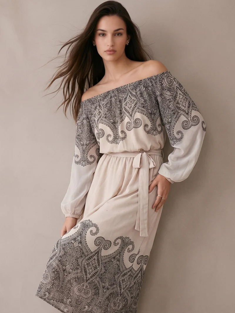 Outzidr cream Off White Midi Length A Line With Elasted Waist And Placement Print for Women | Best Price UAE