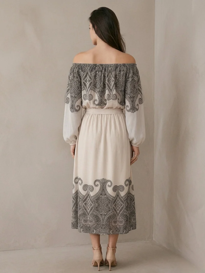 Outzidr cream Off White Midi Length A Line With Elasted Waist And Placement Print for Women | Best Price UAE