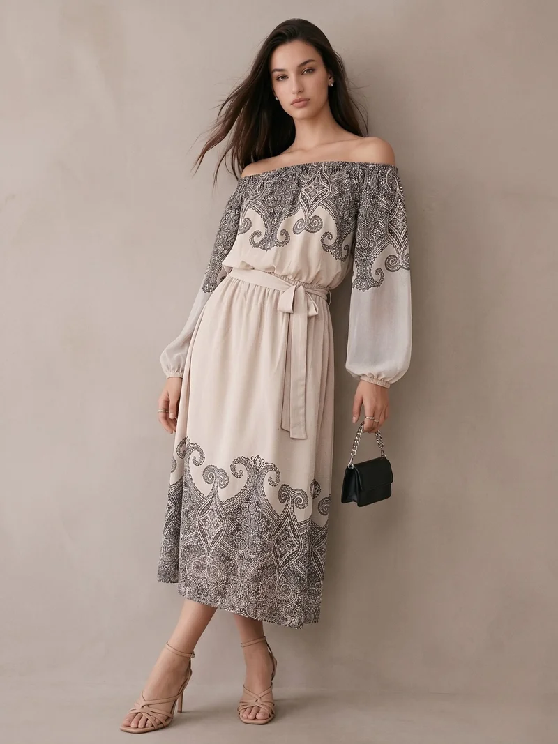 Outzidr cream Off White Midi Length A Line With Elasted Waist And Placement Print for Women | Best Price UAE