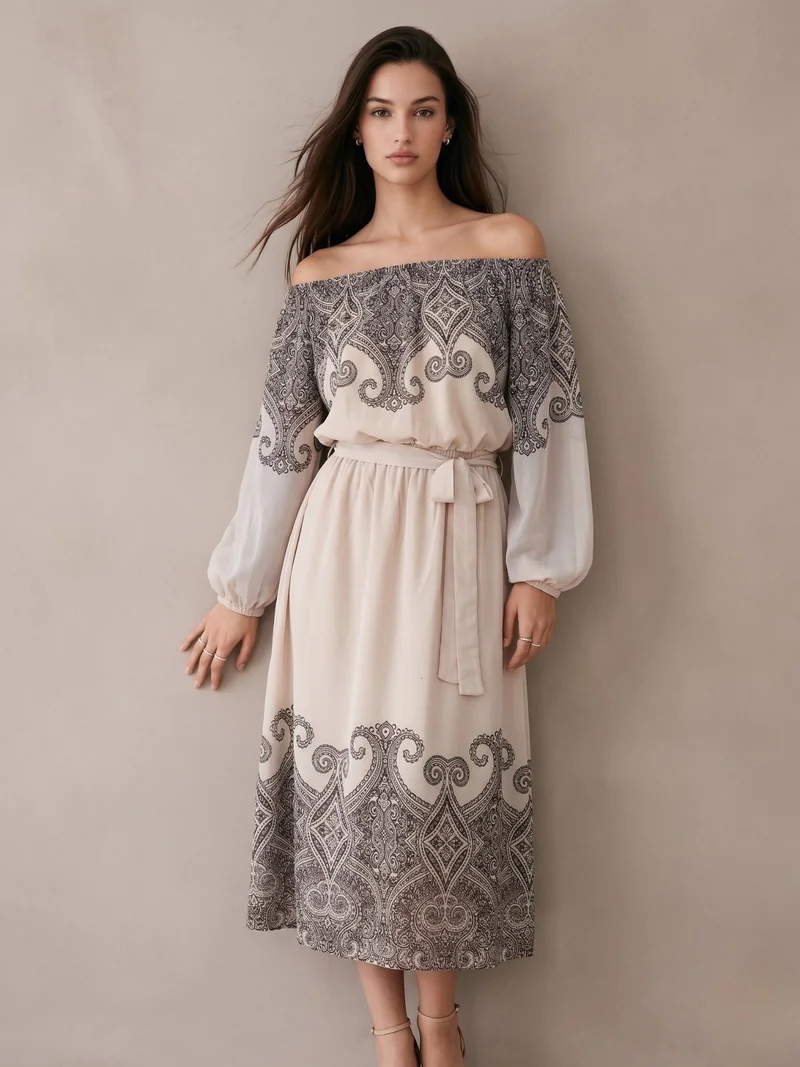 Off White Midi Length A Line With Elasted Waist And Placement Print