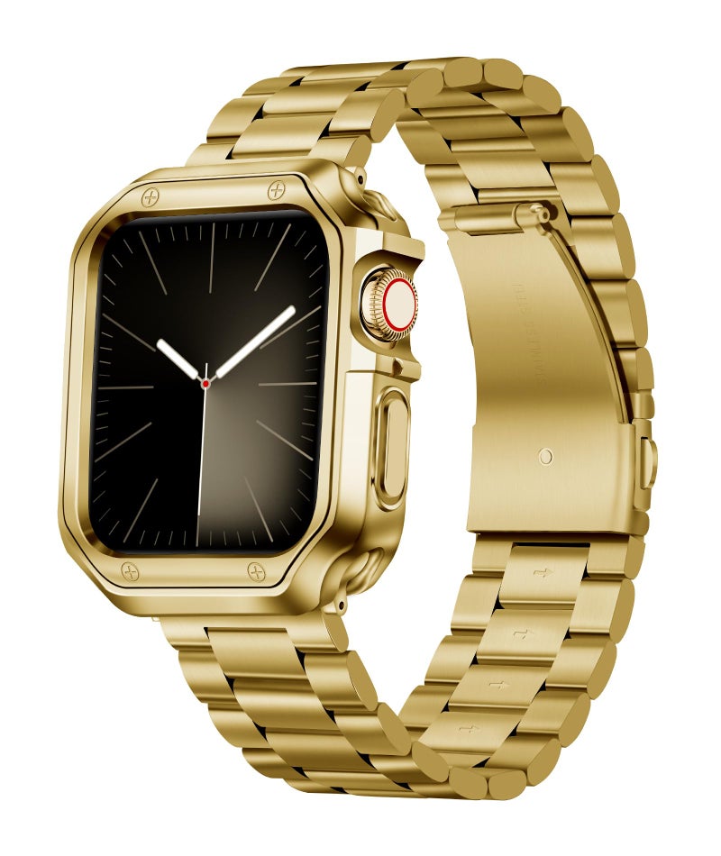 BINLUN Compatible with Apple Watch Band 45mm 44mm 42mm Matte Stainless Steel Gold Metal Watch Strap with Polished Finish TPU Watch Case Compatible with iWatch Bands Series 9/8/7/SE2/SE/6/5/4/3/2/1 - Image 1