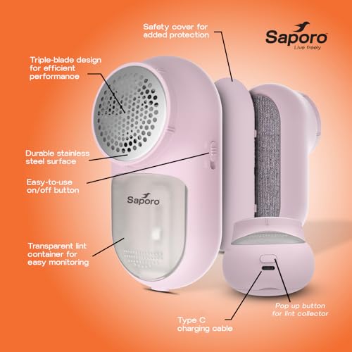 Saporo SLR 3706 Fabric Shaver for Clothes, Rechargeable Lint Remover with Fabric Brush, Type-C Charging, Removes Pills & Fuzz from Sweaters, Jackets, Shawls, Curtains & Carpets - Image 3
