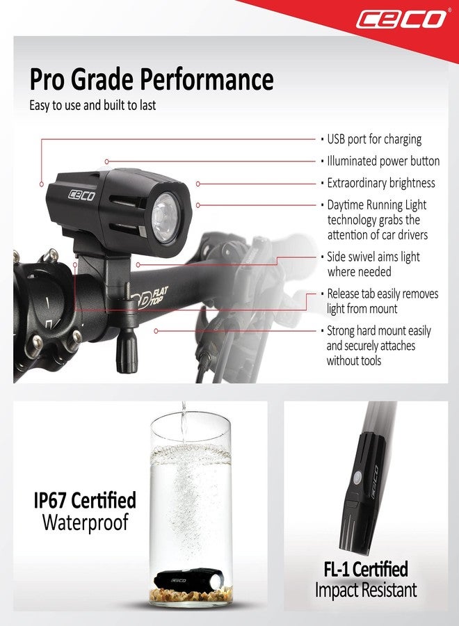 CECO-USA: 1,000 Lumen USB Rechargeable Bicycle Headlight - HARD MOUNT VERSION - Tough & Durable IP67 Waterproof & FL-1 Impact Resistant- Super Bright Model F1000 - For Commuters, Road & Mountain Bikes - Image 5
