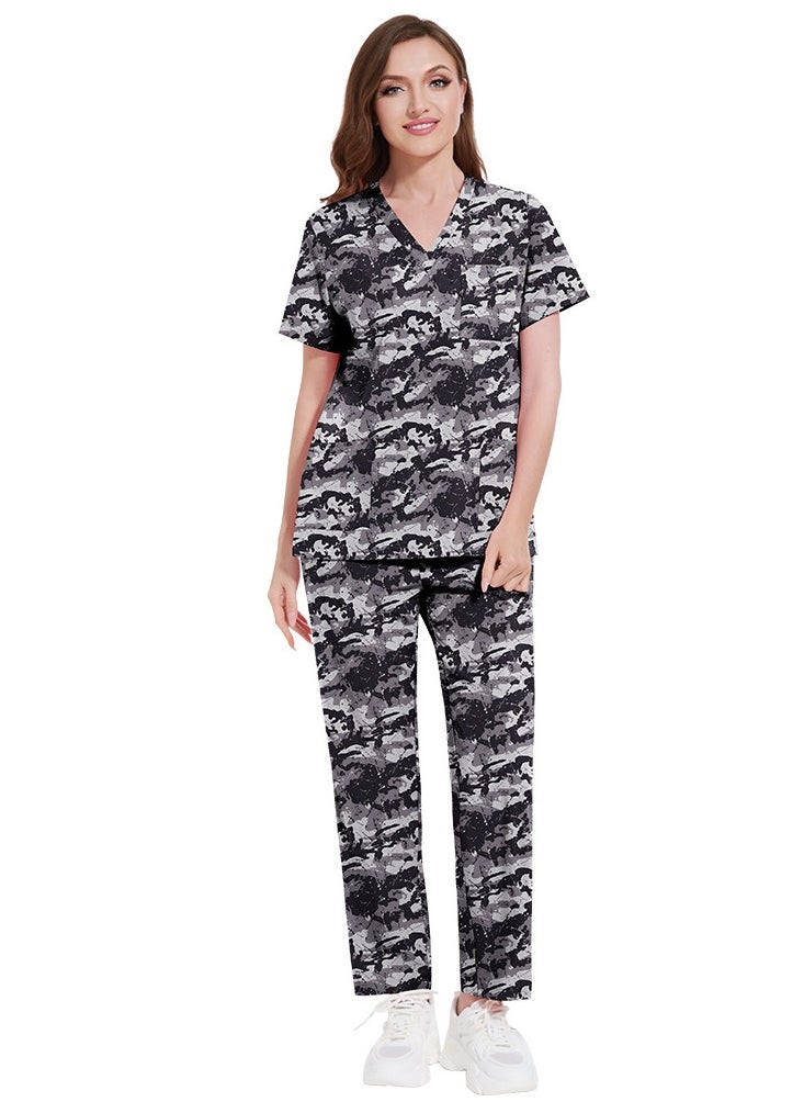 KUYING New V-neck Printed Slim Fit Short Sleeved Pants For Hospital And Clinic Work Clothes  - Image 1
