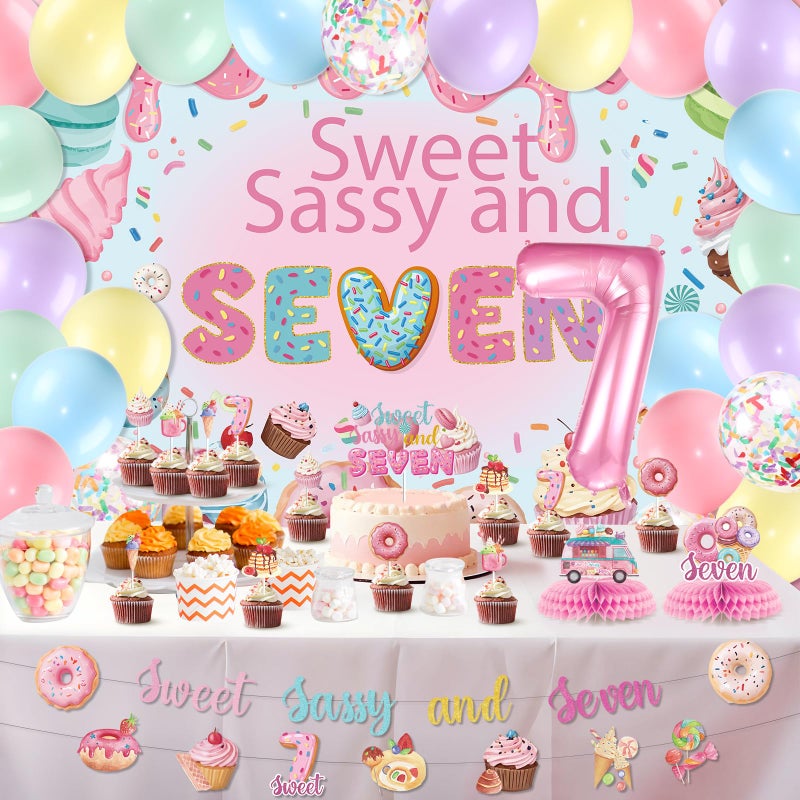 LUUFILx Donut 7th Birthday Party Decorations Sweet Sassy and Seven Birthday Decorations For Girls With Donut Banner Sweet Cake Topper Foil Balloon For 7th Donut Themed Party Decor Sweet Seven Party Supplies - Image 4