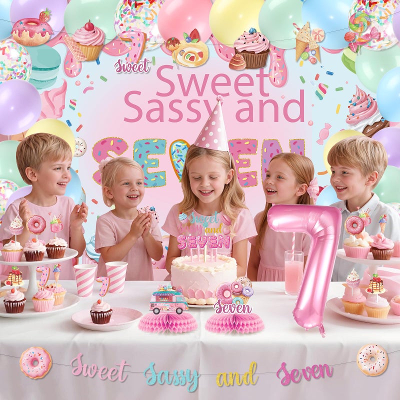 LUUFILx Donut 7th Birthday Party Decorations Sweet Sassy and Seven Birthday Decorations For Girls With Donut Banner Sweet Cake Topper Foil Balloon For 7th Donut Themed Party Decor Sweet Seven Party Supplies - Image 5