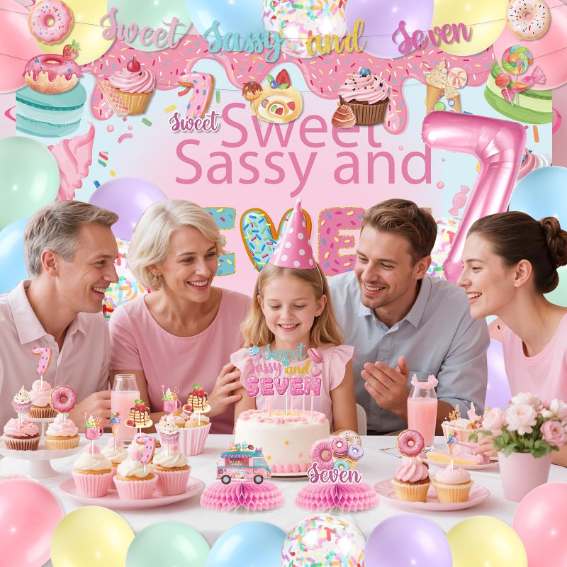 LUUFILx Donut 7th Birthday Party Decorations Sweet Sassy and Seven Birthday Decorations For Girls With Donut Banner Sweet Cake Topper Foil Balloon For 7th Donut Themed Party Decor Sweet Seven Party Supplies - Image 2