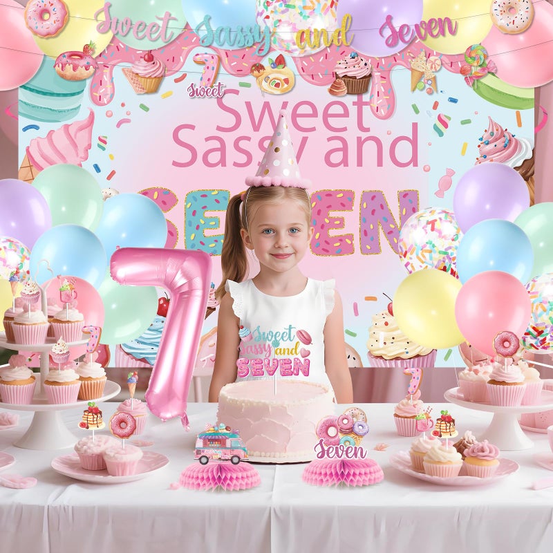 LUUFILx Donut 7th Birthday Party Decorations Sweet Sassy and Seven Birthday Decorations For Girls With Donut Banner Sweet Cake Topper Foil Balloon For 7th Donut Themed Party Decor Sweet Seven Party Supplies - Image 3