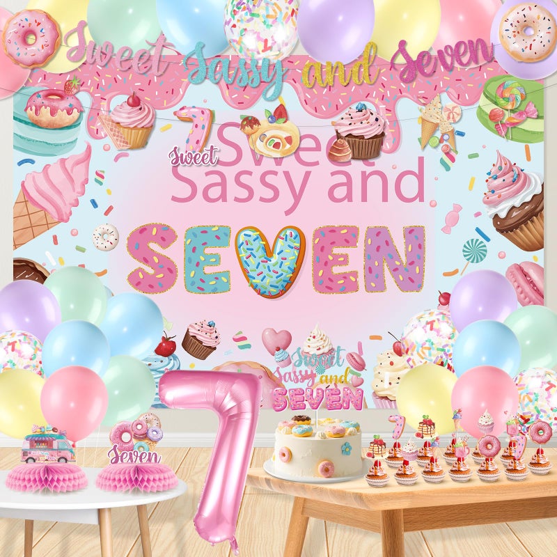 LUUFILx Donut 7th Birthday Party Decorations Sweet Sassy and Seven Birthday Decorations For Girls With Donut Banner Sweet Cake Topper Foil Balloon For 7th Donut Themed Party Decor Sweet Seven Party Supplies - Image 1