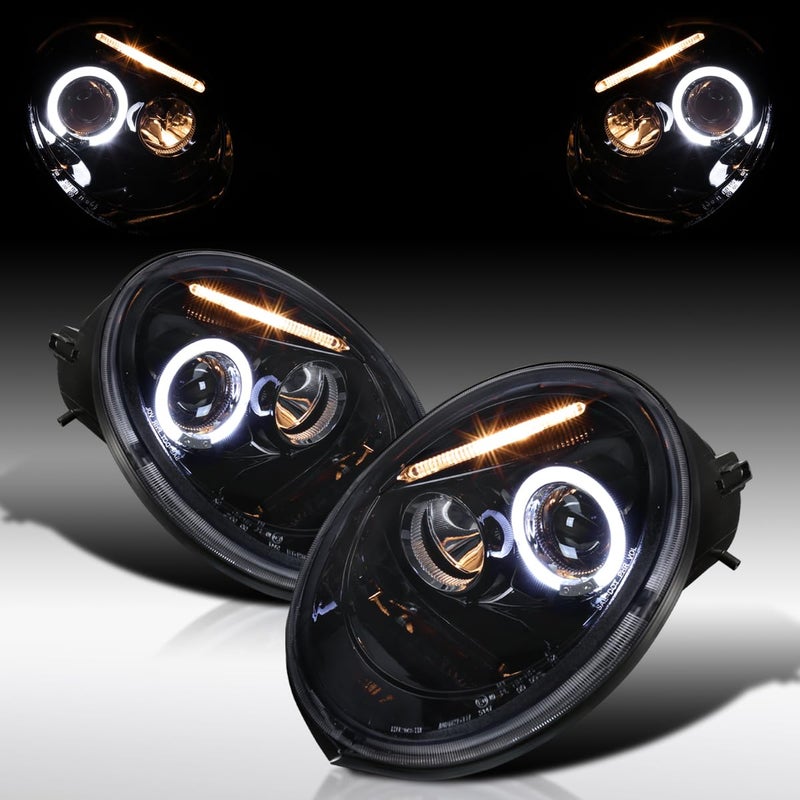 Autozensation Compatible with 19982005 Volkswagen Beetle With Factory Halogen Headlight Left Right Pair Headlamps Assembly Halo Glossy Black Housing Smoke Lens Projector Headlights Lamps