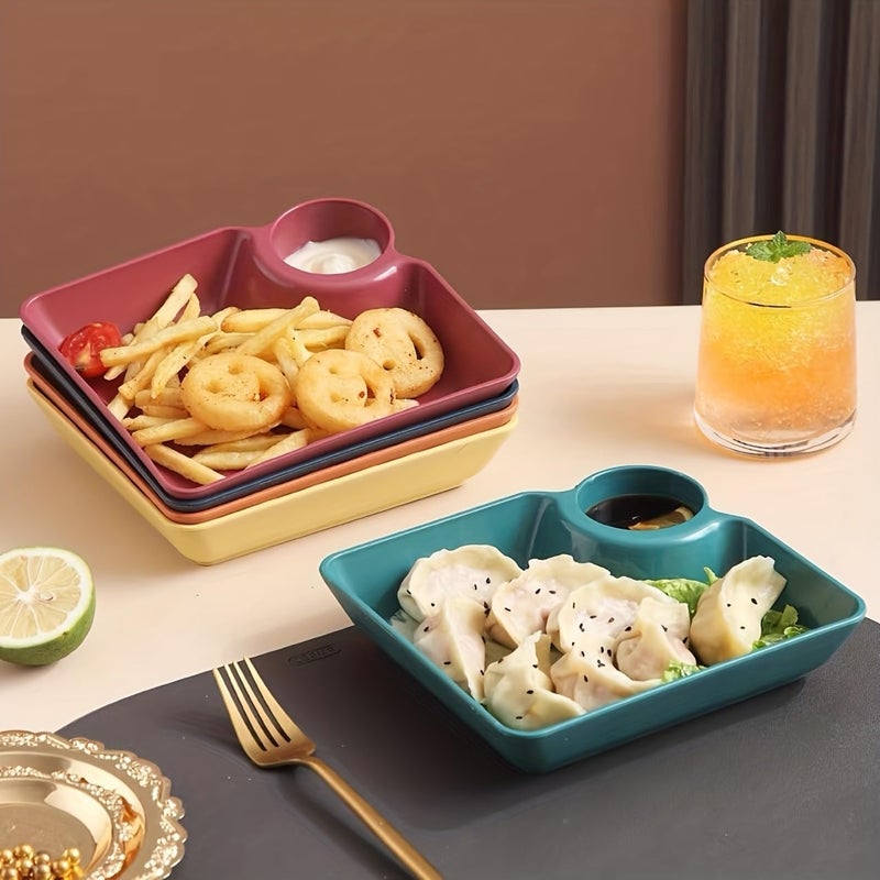 Kitcheniqa Plastic Platters Serving Set, Dumpling Plate with Round Dip Part, Appetizer Plates, Snack Dish, Dessert Dish, Seasoning Plate, Serving Plates for Snacks, Nasta Plate (Set of 4, Multi) - Image 3