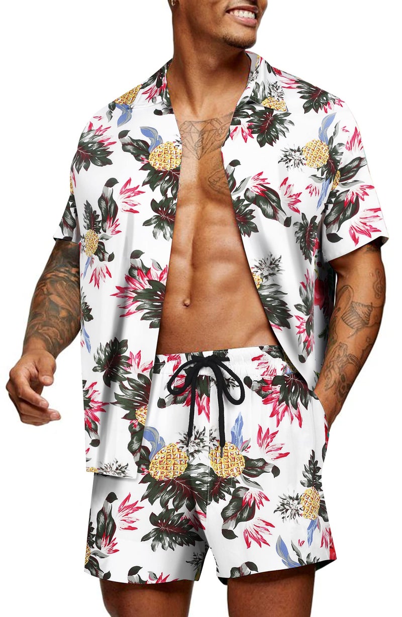 COOFANDY Men's Flower Shirt Hawaiian Sets Casual Button Down Short Sleeve Shirt 2 Piece Short Set Cuban Shirts and Pants - Image 1