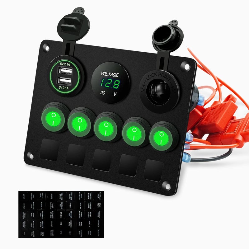 FXC 5 Gang Rocker Switch Panel with Dual USB Slot Socket 5V 4.2A + Cigarette Lighter + Voltmeter for Marine Boat Car Rv Vehicles Truck 12-24V Waterproof Blue LED (5B Green) - Image 1