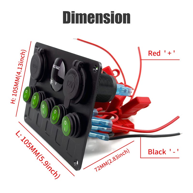 FXC 5 Gang Rocker Switch Panel with Dual USB Slot Socket 5V 4.2A + Cigarette Lighter + Voltmeter for Marine Boat Car Rv Vehicles Truck 12-24V Waterproof Blue LED (5B Green) - Image 4