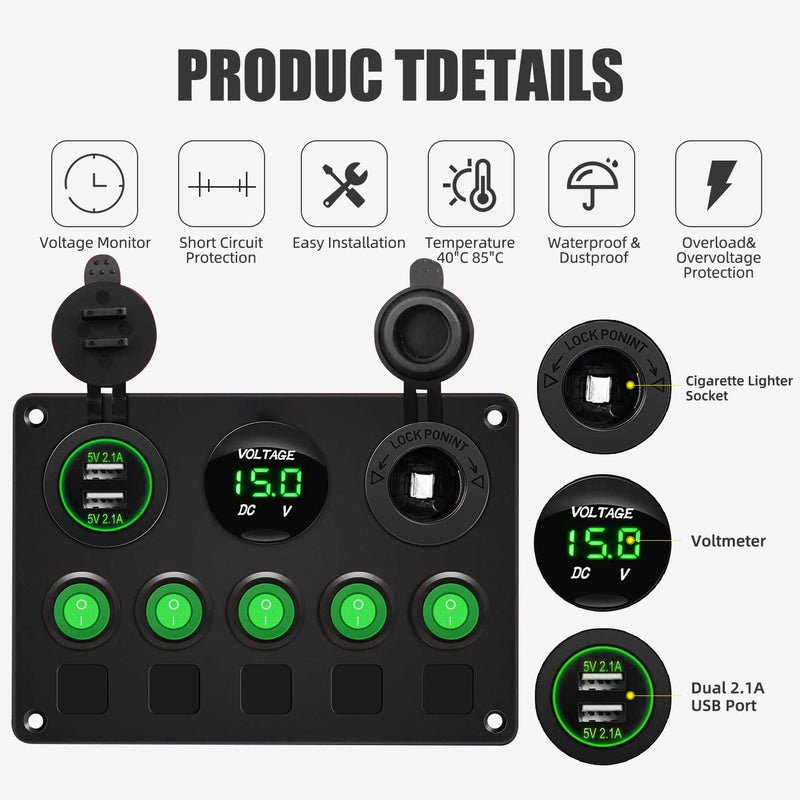 FXC 5 Gang Rocker Switch Panel with Dual USB Slot Socket 5V 4.2A + Cigarette Lighter + Voltmeter for Marine Boat Car Rv Vehicles Truck 12-24V Waterproof Blue LED (5B Green) - Image 2
