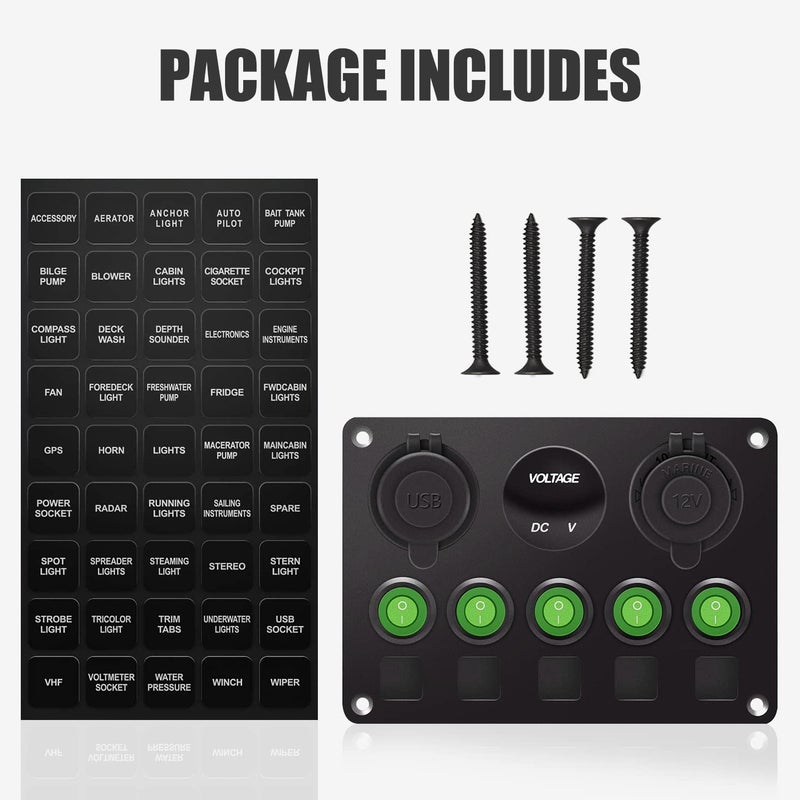 FXC 5 Gang Rocker Switch Panel with Dual USB Slot Socket 5V 4.2A + Cigarette Lighter + Voltmeter for Marine Boat Car Rv Vehicles Truck 12-24V Waterproof Blue LED (5B Green) - Image 3