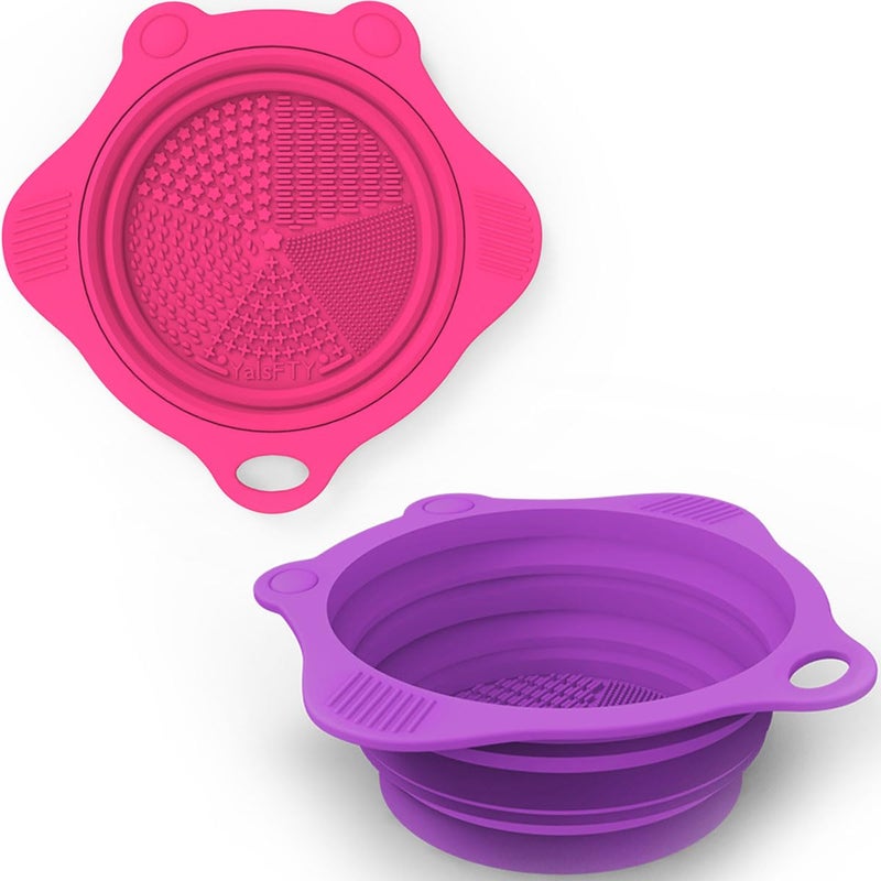 2PC Foldable Silicone Makeup Brush Cleaner Pad Bowls YalsFTY Portable Mat Scrubber Cleaning Tool for Makeup Brushes Purple and Rose