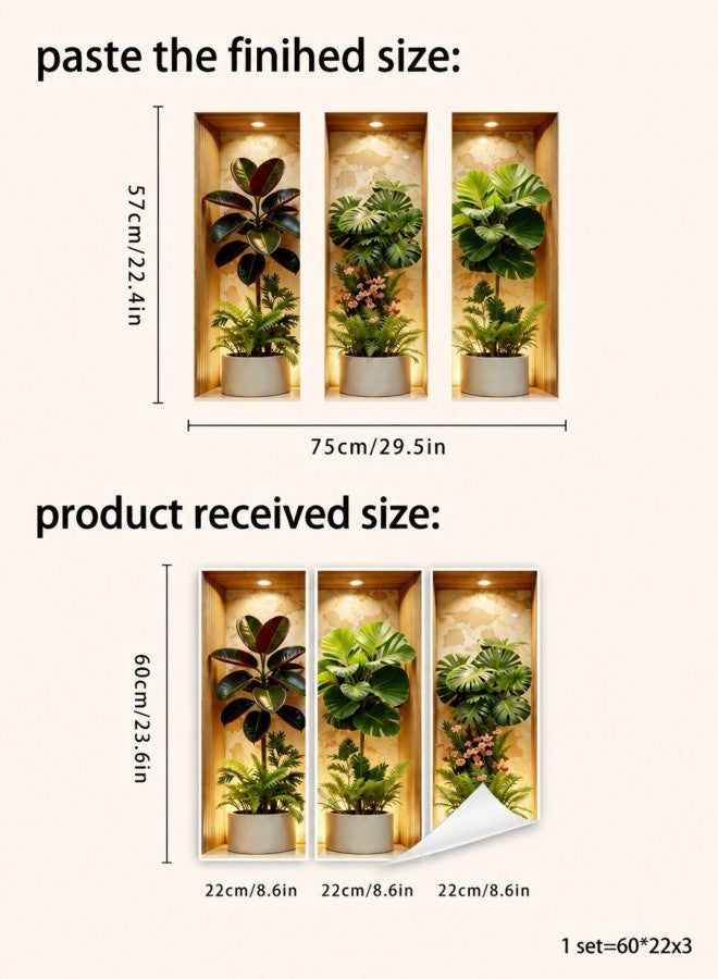 INSIJAM 3D Potted Plant Wall Stickers – 1 Sheet Set with 3 Connected Designs 22x57cm, Waterproof Self-Adhesive PVC Wall Decals, Removable No Residue Home Decor for Living Room Bedroom Kitchen Bathroom Office - Image 3