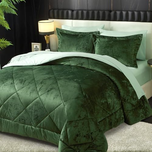 Ivellow King Comforter Set 7 Pieces Bed in a Bag Crushed Velvet Comforter Set Flannel King Green Comforter Ultra Soft Breathable Luxury Soft Warm Winter Bedding Set with Sheets Pillowcases Shams - Image 1