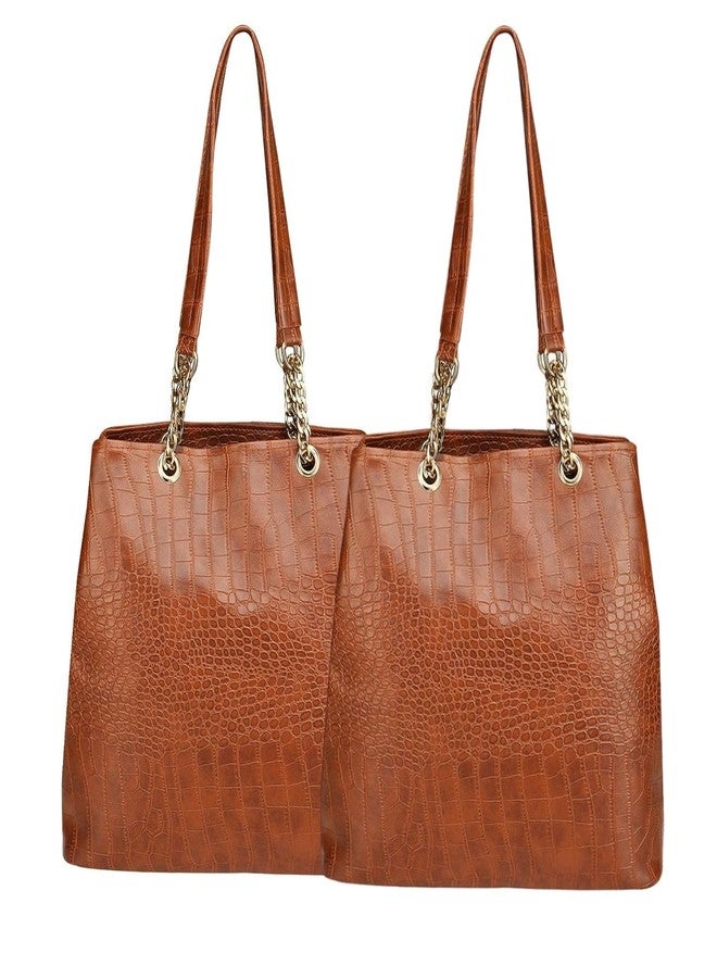 Dcozi Stylish PU Leather Brown Handbag For Women & Girls Pack of 2 - TB03 (Shoulder & Tote Bag) - Image 1