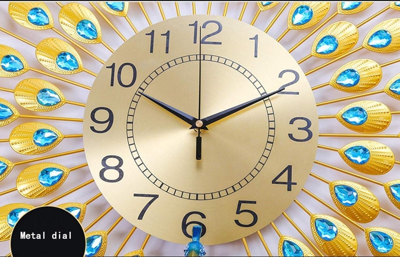 VUNEXO Analog Peacock Wall Clock Big Silent Clock Home Decoration Crystal Luxury Living Room, Bedroom, Office Clock Creative Personality Art Decoration Wall Clock, Metal, Blue, Birds, 72 x 72 Cm - Image 5
