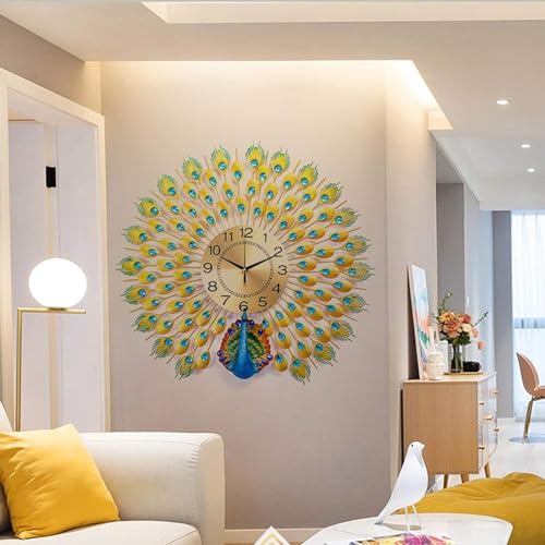 VUNEXO Analog Peacock Wall Clock Big Silent Clock Home Decoration Crystal Luxury Living Room, Bedroom, Office Clock Creative Personality Art Decoration Wall Clock, Metal, Blue, Birds, 72 x 72 Cm - Image 2