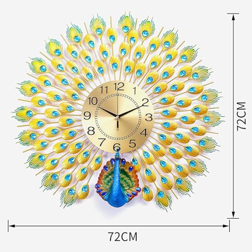 VUNEXO Analog Peacock Wall Clock Big Silent Clock Home Decoration Crystal Luxury Living Room, Bedroom, Office Clock Creative Personality Art Decoration Wall Clock, Metal, Blue, Birds, 72 x 72 Cm - Image 3