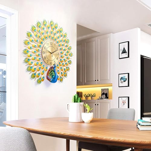 VUNEXO Analog Peacock Wall Clock Big Silent Clock Home Decoration Crystal Luxury Living Room, Bedroom, Office Clock Creative Personality Art Decoration Wall Clock, Metal, Blue, Birds, 72 x 72 Cm - Image 4