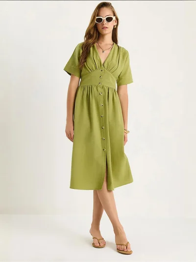 Bianco Lucci LUCCI V-neck Buttoned Midi Shirt Dress