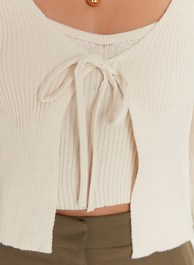 trendyol Stone Crop Tie Detail Blouse-Cardigan Knitwear Suit Knitwear Cardigan - Image 3