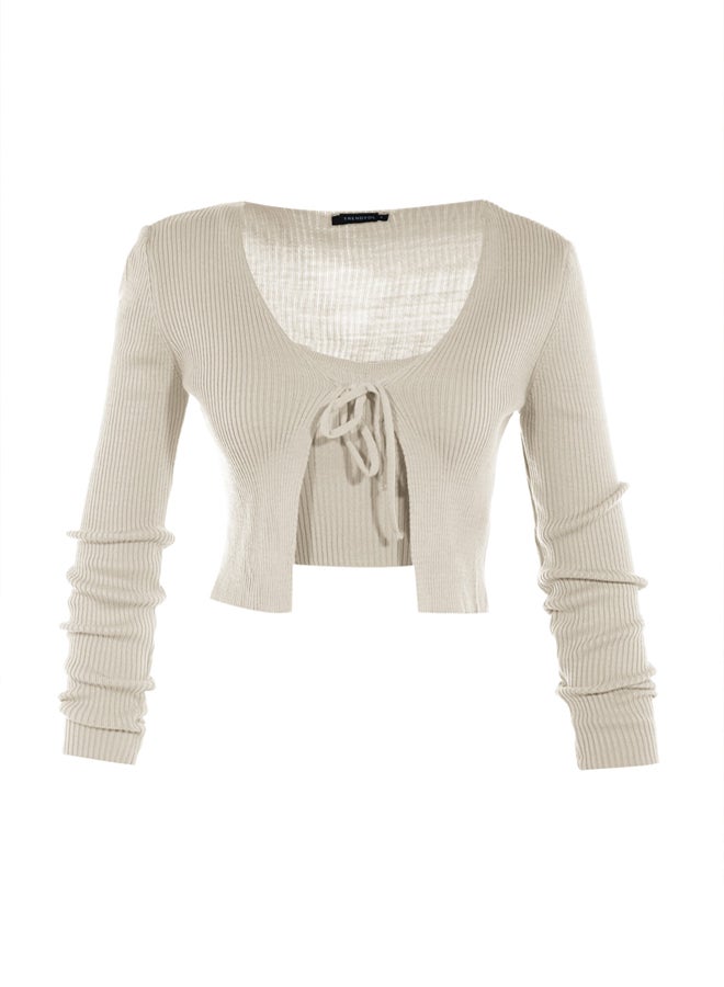 trendyol Stone Crop Tie Detail Blouse-Cardigan Knitwear Suit Knitwear Cardigan - Image 5